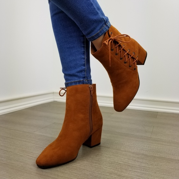 Brown Faux Suede Ankle Booties Side Laced Up - Picture 7 of 8